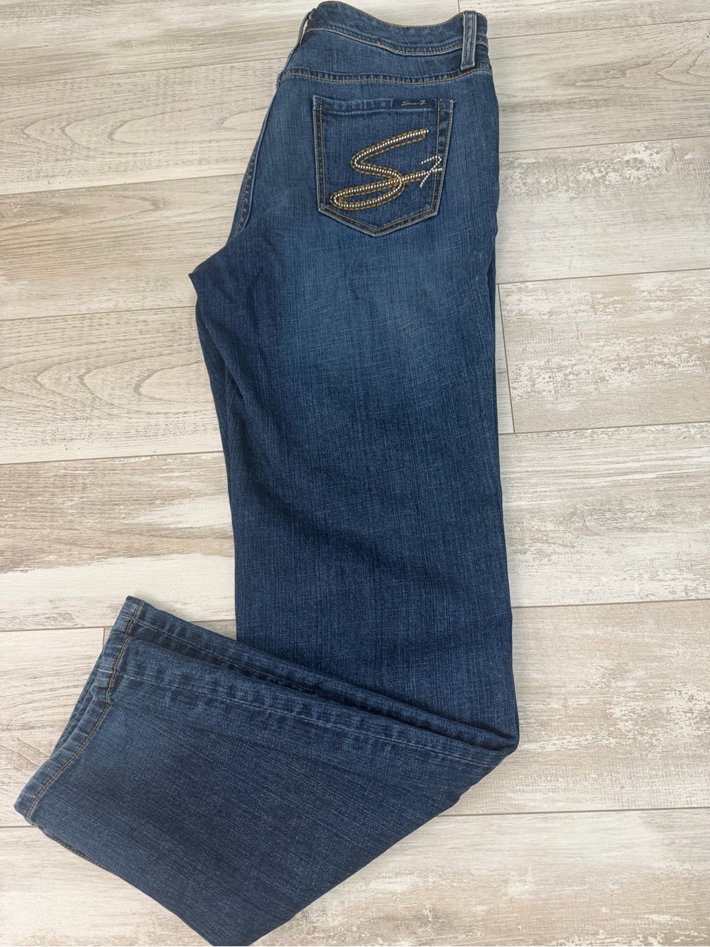 Seven7 Embellished Pocket Straight Leg Jeans Dark Wash Blue Denim Size 10